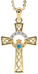 Diamond Topaz Gold Silver Claddagh Celtic Cross Necklace
