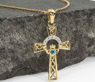 Diamond Topaz Gold Silver Claddagh Celtic Cross Necklace