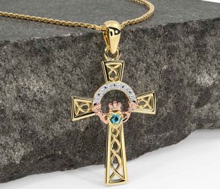 Diamond Aquamarine Rose Yellow Gold & Silver Claddagh Celtic Cross Necklace