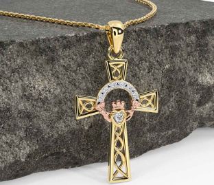 Diamond Rose Yellow Gold & Silver Claddagh Celtic Cross Necklace