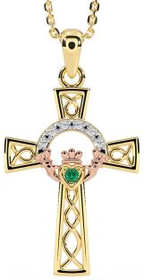 Diamond Emerald Rose Yellow Gold & Silver Claddagh Celtic Cross Necklace