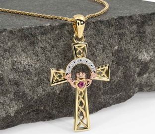 Diamond Pink Tourmaline Rose Yellow Gold & Silver Claddagh Celtic Cross Necklace