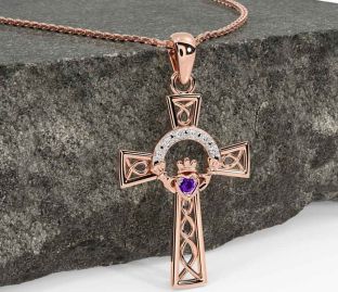 Diamond Amethyst Rose Gold Claddagh Celtic Cross Necklace