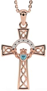 Diamond Aquamarine Rose Gold Claddagh Celtic Cross Necklace