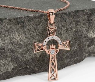 Diamond Rose Gold Claddagh Celtic Cross Necklace