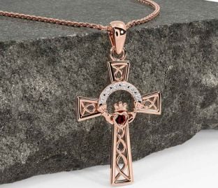 Diamond Garnet Rose Gold Claddagh Celtic Cross Necklace