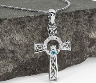 Diamond Aquamarine Silver Claddagh Celtic Cross Necklace