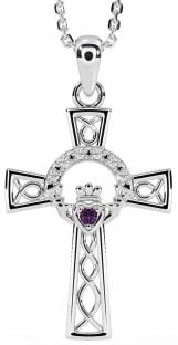 Diamond Alexandrite Silver Claddagh Celtic Cross Necklace
