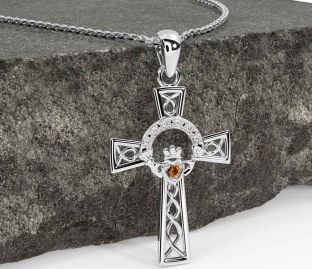 Diamond Citrine Silver Claddagh Celtic Cross Necklace