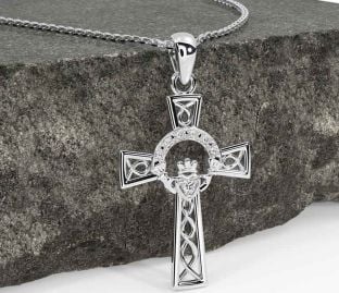 Diamond Silver Claddagh Celtic Cross Necklace