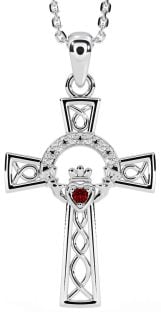 Diamond Garnet Silver Claddagh Celtic Cross Necklace