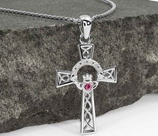Diamond Pink Tourmaline Silver Claddagh Celtic Cross Necklace
