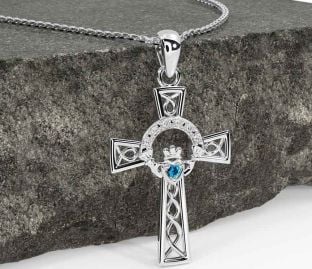 Diamond Topaz Silver Claddagh Celtic Cross Necklace