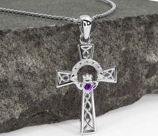 Diamond Amethyst White Gold Claddagh Celtic Cross Necklace