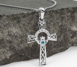 Diamond Aquamarine White Gold Claddagh Celtic Cross Necklace
