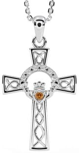 Diamond Citrine White Gold Claddagh Celtic Cross Necklace