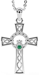Diamond Emerald White Gold Claddagh Celtic Cross Necklace
