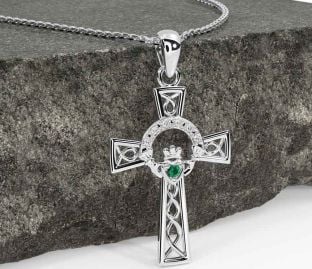 Diamond Emerald White Gold Claddagh Celtic Cross Necklace