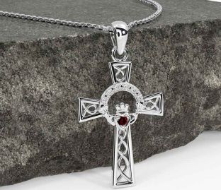 Diamond Garnet White Gold Claddagh Celtic Cross Necklace