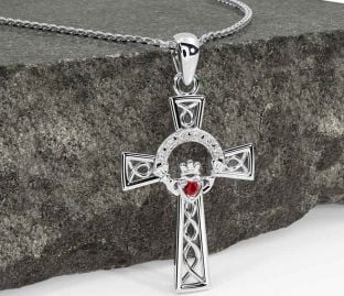 Diamond Ruby White Gold Claddagh Celtic Cross Necklace