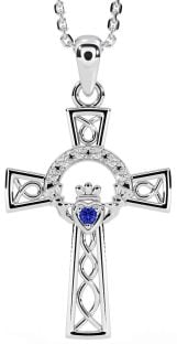 Diamond Sapphire White Gold Claddagh Celtic Cross Necklace