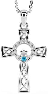 Diamond Topaz White Gold Claddagh Celtic Cross Necklace