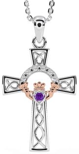 Diamond Amethyst White Rose Gold Claddagh Celtic Cross Necklace