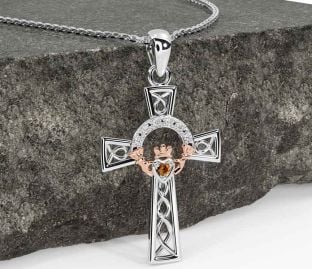 Diamond Citrine White Rose Gold Claddagh Celtic Cross Necklace
