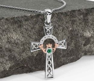 Diamond Emerald White Rose Gold Claddagh Celtic Cross Necklace