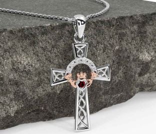 Diamond Garnet White Rose Gold Claddagh Celtic Cross Necklace