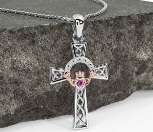 Diamond Pink Tourmaline White Rose Gold Claddagh Celtic Cross Necklace