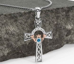 Diamond Topaz White Rose Gold Claddagh Celtic Cross Necklace