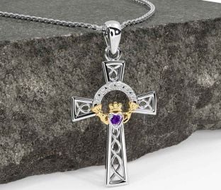 Diamond Amethyst White Yellow Gold Claddagh Celtic Cross Necklace