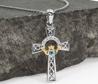 Diamond Aquamarine White Yellow Gold Claddagh Celtic Cross Necklace