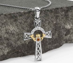 Diamond Citrine White Yellow Gold Claddagh Celtic Cross Necklace
