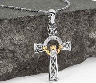 Diamond White Yellow Gold Claddagh Celtic Cross Necklace