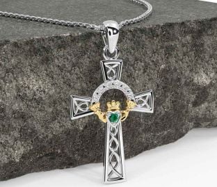 Diamond Emerald White Yellow Gold Claddagh Celtic Cross Necklace