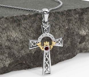 Diamond Garnet White Yellow Gold Claddagh Celtic Cross Necklace