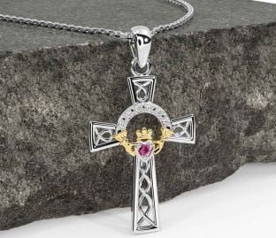 Diamond Pink Tourmaline White Yellow Gold Claddagh Celtic Cross Necklace