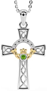 Diamond Peridot White Yellow Gold Claddagh Celtic Cross Necklace