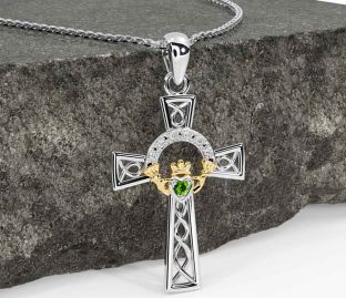 Diamond Peridot White Yellow Gold Claddagh Celtic Cross Necklace