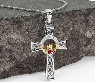 Diamond Ruby White Yellow Gold Claddagh Celtic Cross Necklace