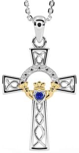 Diamond Sapphire White Yellow Gold Claddagh Celtic Cross Necklace
