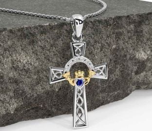 Diamond Sapphire White Yellow Gold Claddagh Celtic Cross Necklace