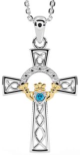 Diamond Topaz White Yellow Gold Claddagh Celtic Cross Necklace