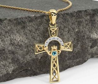 Diamond Aquamarine Gold Claddagh Celtic Cross Necklace