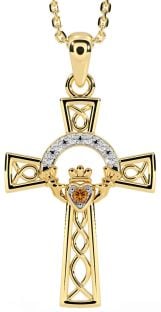 Diamond Citrine Gold Claddagh Celtic Cross Necklace