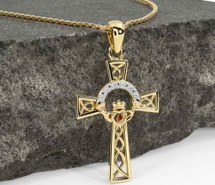 Diamond Citrine Gold Claddagh Celtic Cross Necklace