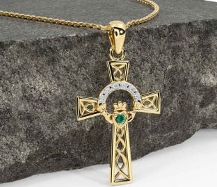Diamond Emerald Gold Claddagh Celtic Cross Necklace