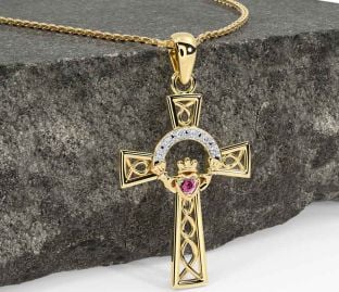 Diamond Pink Tourmaline Gold Claddagh Celtic Cross Necklace